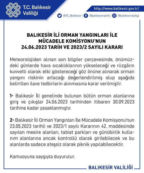 ORMAN YANGINLARI İLE MÜCADELE KOMİSYONU 24.06.2023 TARİH VE 2023/2 SAYILI KARARI